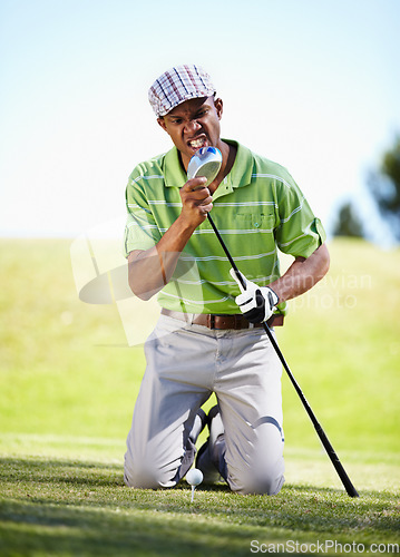 Image of Sports, golf and black man with anger for loss in game, match and competition on golfing course. Recreation, hobby and upset, angry and mad male athlete on grass for failing, mistake and frustrated