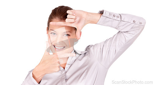 Image of Hands, portrait and happy woman doing frame gesture or sign for a picture isolated in a white studio background. Smile, photography and female person or employee framing her face with a finger signal