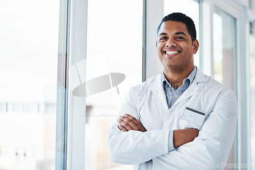 Image of Happy, arms crossed and science with portrait of man for research, medical and clinic expert. Smile, medicine and healthcare with male technician for laboratory, engineering and industry