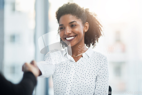 Image of Business, smile and black woman shaking hands with client for deal, agreement or partnership. Handshake, collaboration and African female professional with opportunity, hiring and welcome to company.