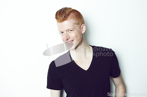 Image of Smile, ginger and portrait of a man with style isolated on a white background in a studio. Happy, young and a male fashion model with confidence, happiness and cool in a shirt on a backdrop or wall