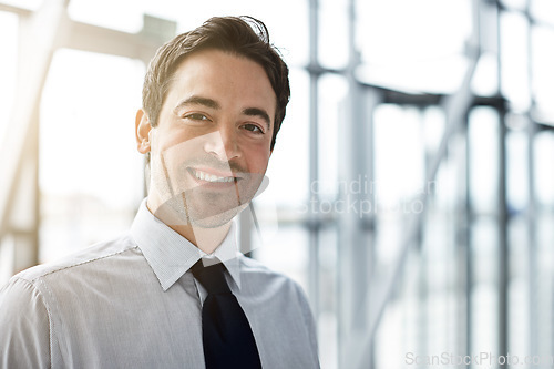 Image of Portrait, business and man with a smile, lobby and consultant with confidence, occupation and career. Face, male person and employee in a hallway, happiness and professional with startup success