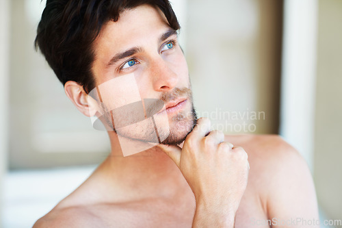 Image of Thinking, skincare and man with cosmetics, decision and grooming routine with thoughts, treatment and beauty. Male person, wellness and guy with wonder, opportunity and self care with dermatology