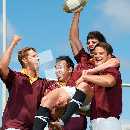 Image of Winner, victory and rugby with a team in celebration together outdoor after a game or competition. Fitness, sports and energy with a winning man athlete group celebrating scoring a try or success