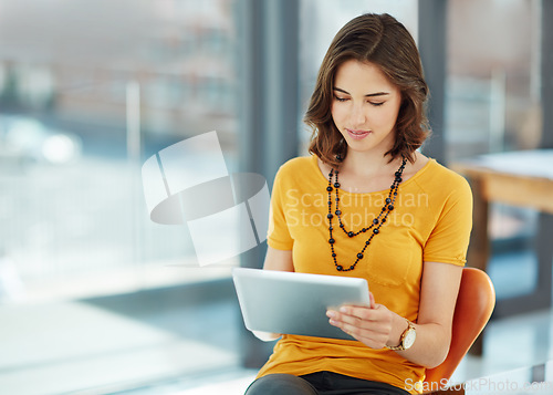 Image of Business woman with tablet in office, research ideas and inspiration for project with SEO at digital marketing agency. Creative female designer, content for website and technology with mockup space