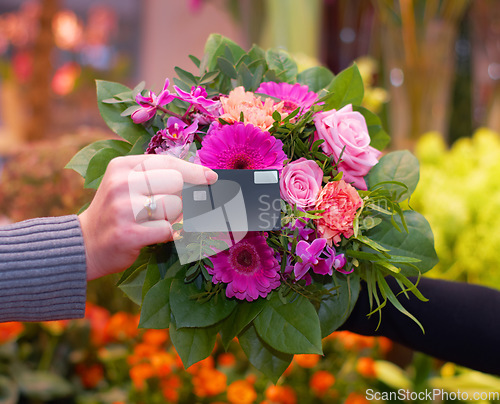 Image of Florist, flowers and hand of woman with credit card for payment, tap and floral purchase. Closeup of flower, bouquet and customer shopping for fresh and roses at a nursery with debit card for billing