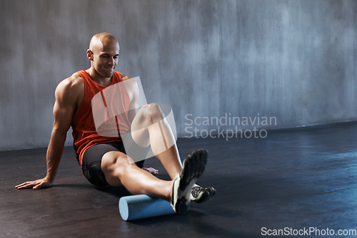 Image of Foam roller , mockup of man training or workout and at gym. Personal trainer or fitness pain relief, exercise and motivation. Athlete or sportsman, male person stretching or warm up and focus