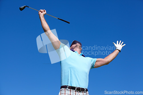 Image of Golf, winner and man with hands up in celebration on blue sky background, victory and excited. Sports, success and male golfer celebrating achievement, winning and training goal while playing outdoor