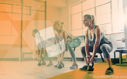 Image of Kettlebell, fitness and women group at gym for exercise, workout and training in class. Athlete women together in row for power challenge, commitment or strong muscle at a wellness club with overlay