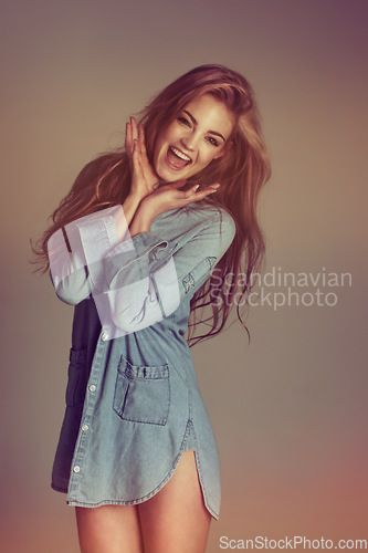 Image of Happy, smile and fashion with portrait of woman for casual, trendy and retro. Happiness, filter and confident with female model isolated on studio background for cool, excited and cute style