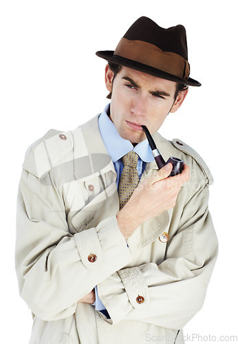 Image of Vintage spy, pipe and thinking in studio for smoking, ideas or investigation by white background. Isolated agent man, private investigator and retro reporter with brainstorming, smoke or surveillance