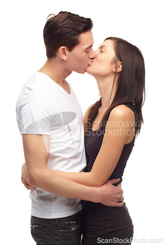 Image of Happy, kiss and couple with love, relationship and romance isolated against a white studio background. Partners, man and woman kissing, romantic and happiness with marriage, commitment and support