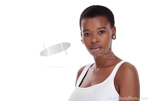 Image of Natural beauty, face and a black woman portrait in studio for facial shine, skincare and dermatology. Serious headshot of a real female person isolated on a white background with mockup space