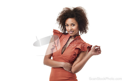 Image of African woman, fashion and portrait with a stylish and business person in studio. Isolated, white background and female entrepreneur with employee and professional work style with a smile and mockup