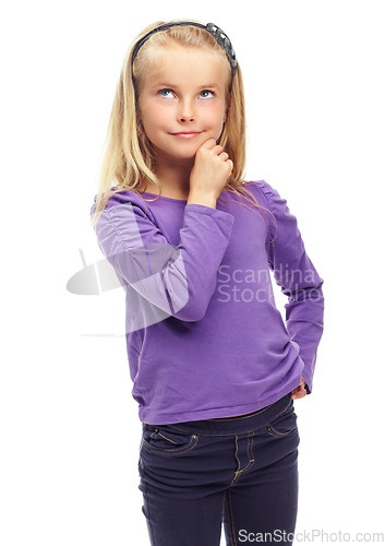 Image of Thinking, mockup and girl with ideas, fantasy and confidence isolated against a white studio background. Young person, female child and kid with thoughts, wonder and ponder with daydreaming and smile