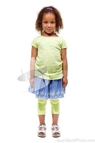 Image of Cute, African child and portrait of young girl in a studio with happiness and kids fashion. White background, full body and smile of kid with youth and children style feeling confident from clothing