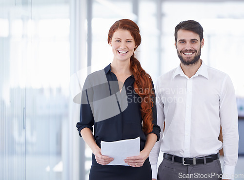 Image of Portrait, man and woman with documents, business and planning with confidence, workplace and teamwork. Face, happy male employee and female consultant with paperwork, partnership and collaboration
