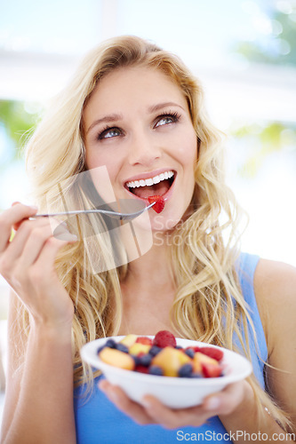 Image of Happy woman, smile and fruit bowl for healthy diet, eating or fiber nutrition outdoors. Female person smiling in happiness or satisfaction for sustainability, organic meal or natural food in nature