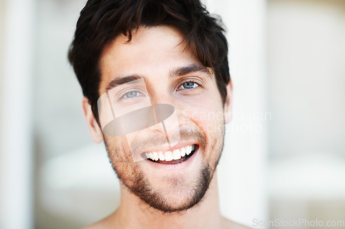 Image of Portrait, beauty and man with skincare, smile and grooming routine with happiness, joyful and health. Face, male person and happy guy with salon treatment, dermatology and wellness with confidence