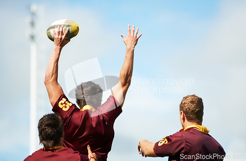 Image of Back, ball and men training, rugby and fitness with a healthy lifestyle, energy or wellness on a field. Male athletes, professional players or group with sports, competition and workout with teamwork