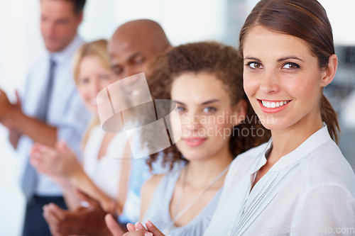 Image of Business people, portrait and applause in celebration for presentation, meeting or seminar at workshop. Happy group of employees clapping for team coaching, audience or staff training at convention