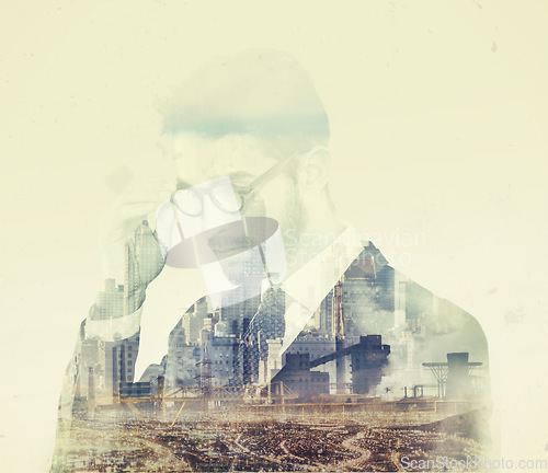 Image of Business man, double exposure or city and thinking, glasses or mindset of planning, idea or vision. Businessman, future or solution with creative abstract overlay of buildings, cbd or urban cityscape