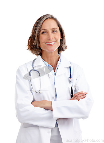 Image of Portrait, doctor and smile of woman with arms crossed in studio isolated on a white background. Healthcare, face and mature female medical professional from Australia with confidence and happiness.