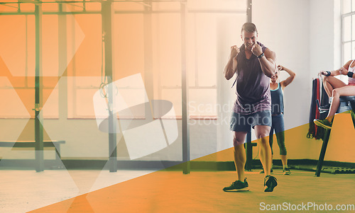 Image of Man, fitness and celebrate success at gym for exercise, workout and training goals or win. Sports person happy about power challenge, strong muscle or achievement at wellness club with mockup overlay