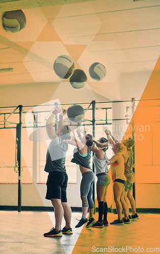 Image of Fitness group, gym and people throw medicine ball for exercise, workout and training in class. Athlete men and women together for challenge, commitment and strong muscle at health club with overlay