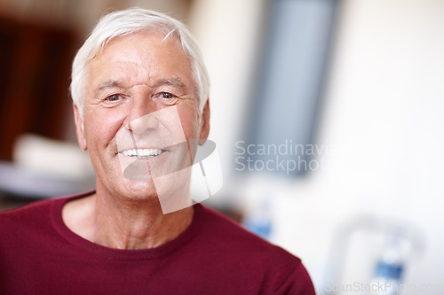 Image of Portrait, senior man and happy in home, retirement and confidence with wrinkles and satisfied smile. Elderly person, face and wellness in old age or positive, mental health happiness or space in UK