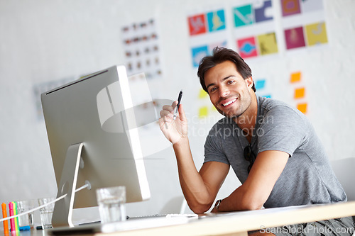 Image of Computer, man portrait and pen for ideas, planning and creativity in online career, graphic design and website. Creative, face and happy person with desktop pc, startup business and office workplace