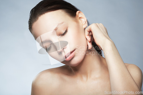 Image of Skincare, glow and a woman with calm beauty isolated on a white background in a studio. Cosmetics, peace and a young model with care for skin from dermatology, wellness and a clear complexion