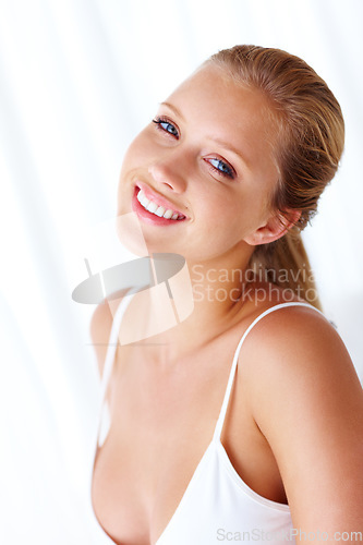 Image of Portrait, smile and woman with beauty, cosmetics and confident girl isolated against a white studio background. Face, female person and happy model with positivity, carefree and happiness with mockup