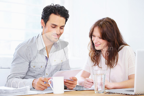 Image of Happy, documents and business people planning, teamwork and collaboration with taxes, finance and office meeting. Woman, man or partner with paperwork, project solution and reading financial profit