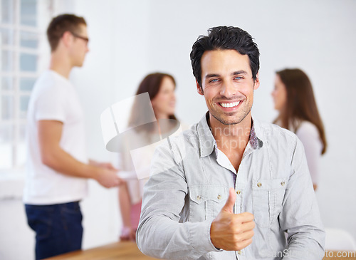 Image of Man, thumbs up and portrait for winning in office meeting success, achievement and yes, ok or like sign for startup. Face of happy person and okay, thank you or agreement emoji or hand in management