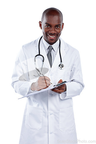 Image of Portrait, healthcare and insurance with a doctor black man in studio isolated on a white background. Medical, documents and a happy male medicine professional writing on a clipboard while consulting