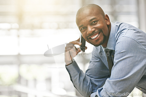 Image of Black man in business, phone call and networking in portrait, corporate contact and communication in workplace. Happy male professional at office, businessman and talking on mobile with mockup space