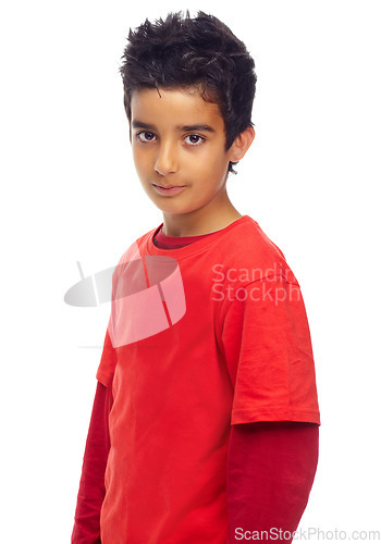 Image of Isolated boy child, studio portrait and fashion with red t-shirt, confident and cool by white background. Male indian kid, student and clothes for punk aesthetic, youth and preteen by backdrop