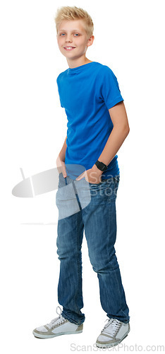 Image of Boy teenager, fashion and studio portrait with smile, confidence and happy by white background. Young male model, kid and trendy clothes with happiness, blue jeans and youth culture by backdrop