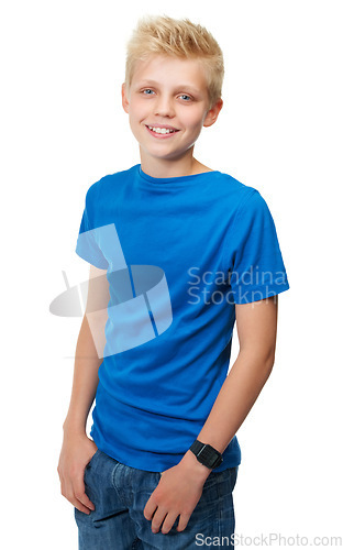 Image of Portrait, children and fashion with a boy in blue in studio isolated on a white background for trendy style. Smile, kids or casual clothes with a happy young male child standing hands in pockets