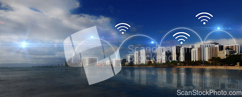 Image of Connection, internet and city landscape at night for networking. web and cyber network. Tech, lighting and design for connectivity, connections and digital symbol in the sky of a town at the beach