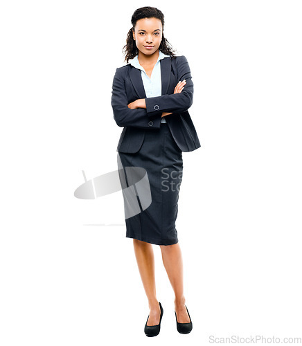 Image of Corporate worker, portrait or arms crossed on isolated white background and ideas, vision goals or success mindset. Confident, business or woman in fashion suit with financial growth target on mockup