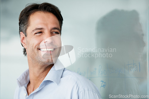 Image of Happy businessman, face and smile for vision, ambition or success on mockup at the office. Man employee smiling in happiness for career goals, planning or corporate achievement at the workplace