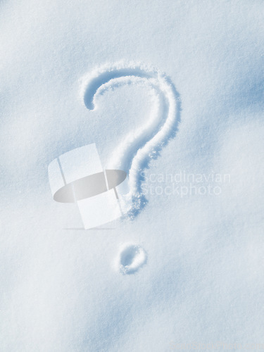 Image of Question mark drawing in snow, winter and sign, icon or symbol outdoor with punctuation. Grammar, wondering and thinking with doubt, decision and snowy weather, ask and problem solving with faq