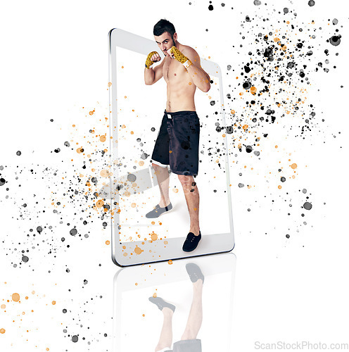 Image of Portrait, fight and man with mobile app, training and guy isolated against a white studio background. Face, male fighter and athlete with smartphone, technology and practice for match and motivation