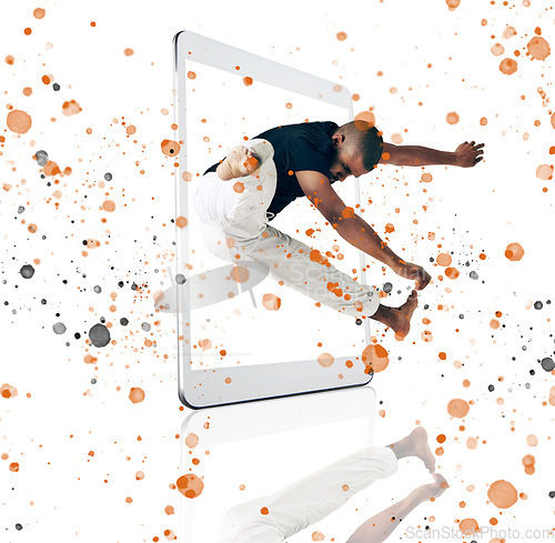 Image of Frame, karate and man jump on digital tablet in studio for training, health and color splash on white background. Screen, box and male taekwondo trainer with online app for martial arts workout
