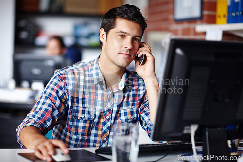 Image of Business, phone call and man with a computer, planning and connection with conversation in the workplace. Male person, employee and consultant with a pc, technology and smartphone for communication