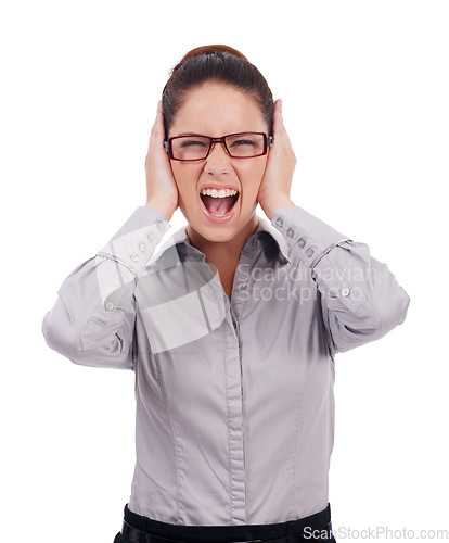 Image of Business woman, scream and covering ears portrait in studio while frustrated, angry and upset. Face of a professional female person isolated in a white background for noise, stress or conflict