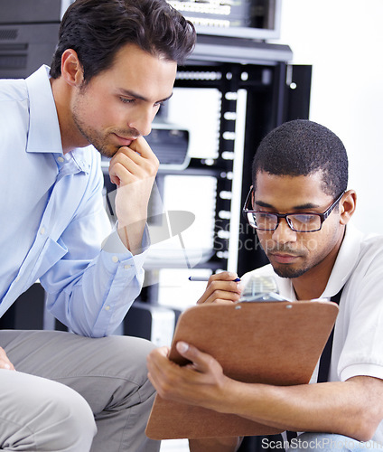 Image of Teamwork, IT and men with clipboard in server room for maintenance, inspection and fixing. Checklist, network technician and tech support for cybersecurity, information and help in data center.