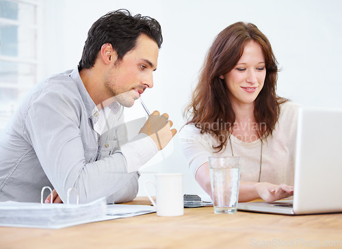 Image of Laptop, thinking and business people teamwork, planning ideas and collaboration in office or project meeting. Woman, man or manager feedback, reading and working on computer for job or company report